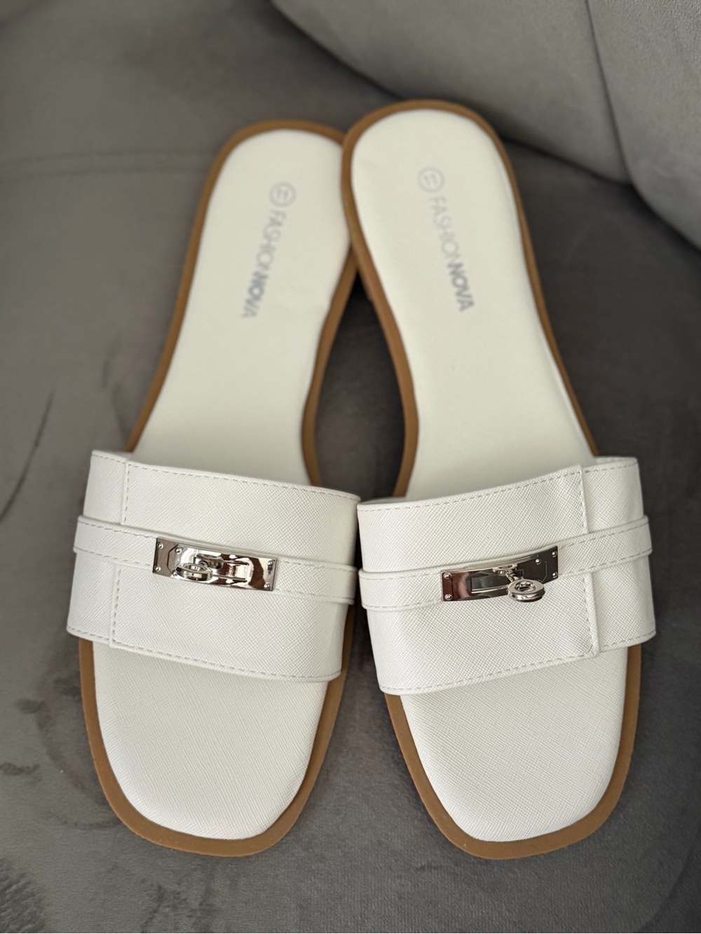 Fashion Nova Karrie Hardware Slide Sandals White Silver Buckle Square Toe NWT 11